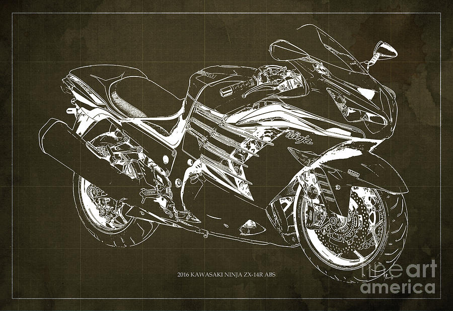 2016 Kawasaki Ninja Zx-14r Abs Blueprint Brown Background Digital Art 