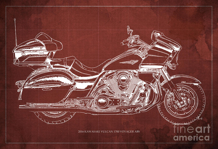 2016 Kawasaki Vulcan 1700 Voyager ABS Blueprint Red Background Digital ...