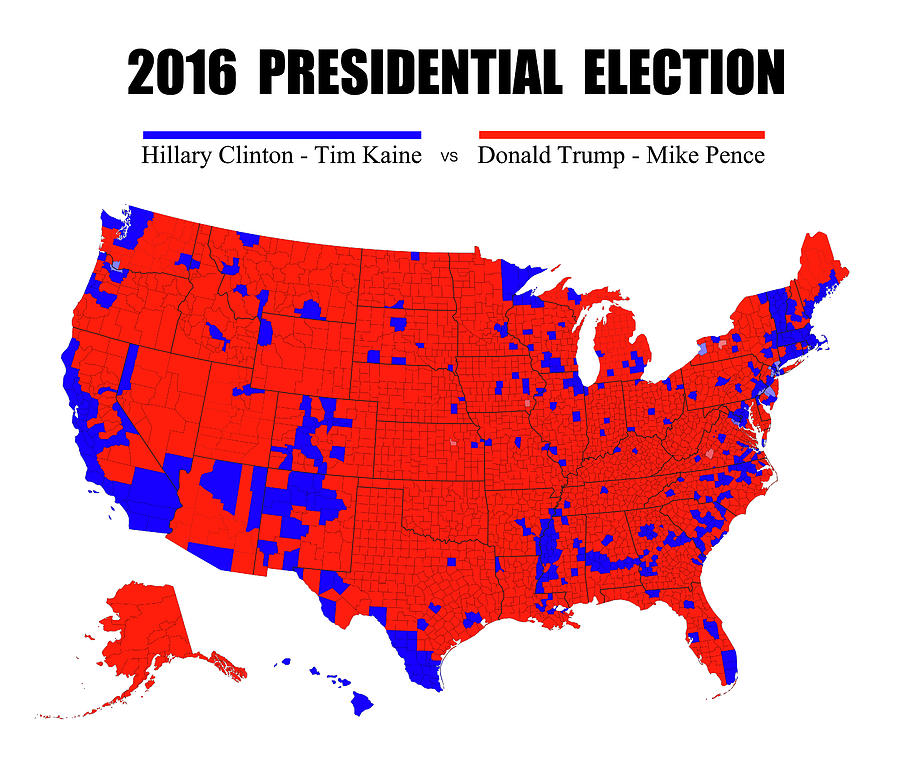 2016 TRUMP - PENCE vs CLINTON - KAINE ELECTION MAP - NO BORDER Digital 