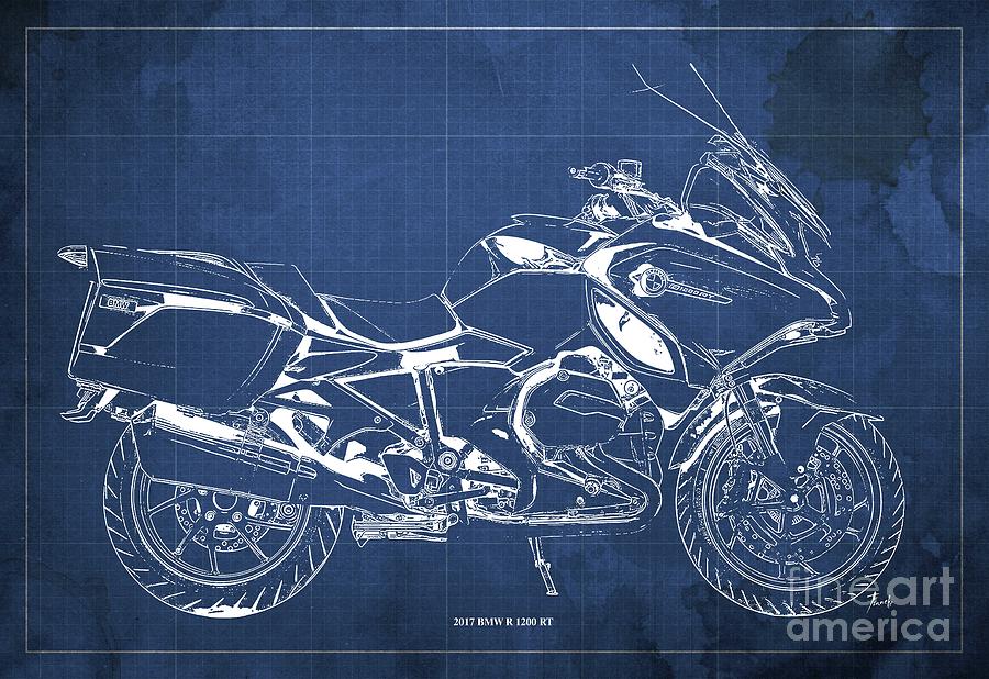Plano Digital Art - 2017 BMW R 1200 RT Blueprint Blue Background Office and man cave decoration by Drawspots Illustrations