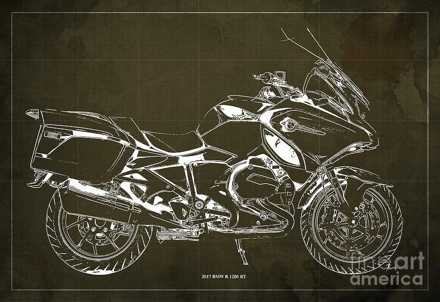 Plano Digital Art - 2017 BMW R 1200 RT Blueprint Brown  Background Office and man cave decoration by Drawspots Illustrations