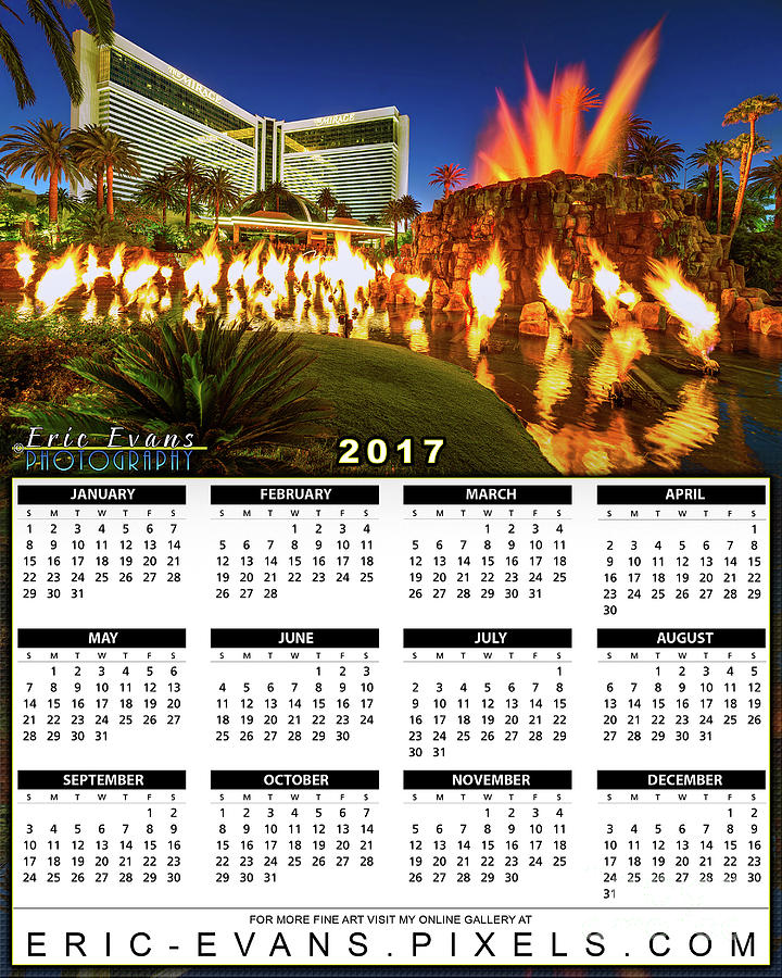2017 Calendar The Mirage Volcano Eruption at Dusk  Photograph by Aloha Art