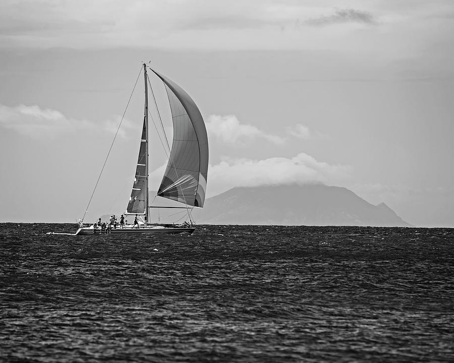 2017 Heineken Regatta Sailing Past Saba Saint Martin Sint Maarten Red Sail Black and White Photograph by Toby McGuire