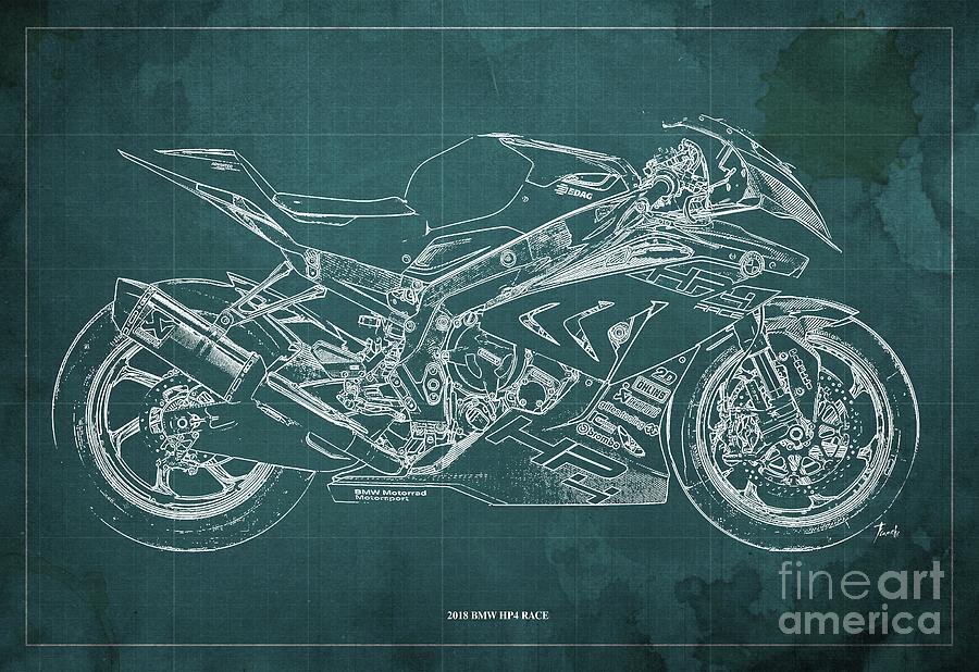 Plano Digital Art - 2018 BMW HP4 Race Blueprint Green Background Gift for bikers by Drawspots Illustrations
