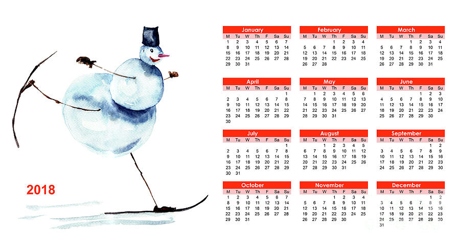 2018 calendar with Snowman Painting by Regina Jershova