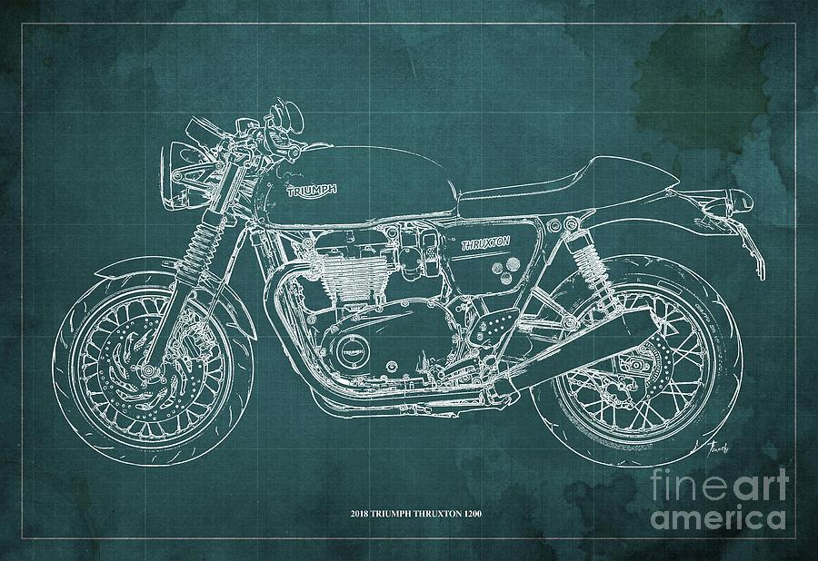 Blueprint Digital Art - 2018 Triumph Thruxton 1200 Blueprint Green Background by Drawspots Illustrations Blueprint Digital Art - 2018 Triumph Thruxton 1200 Blueprint Green Background by Drawspots Illustrations