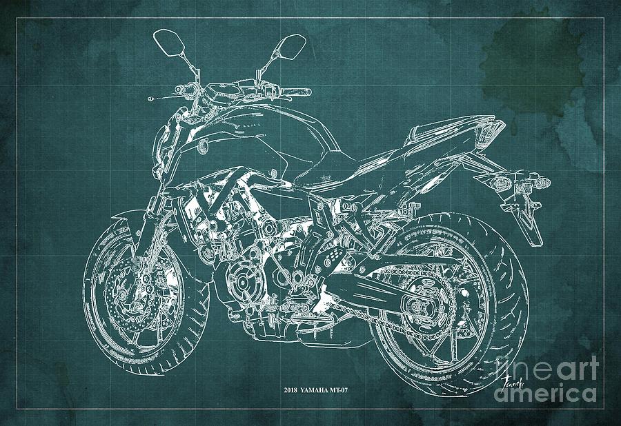 2018 Yamaha MT07 Blueprint Green Background Fathers day gift Digital ...