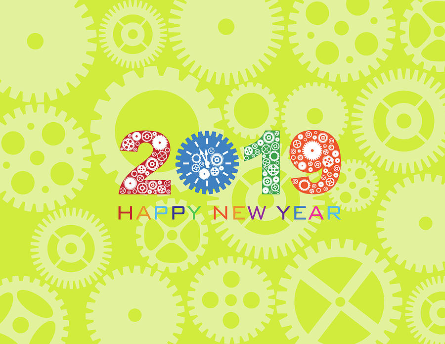 2019 Happy New Year Clock Gear Color Illustration Digital Art