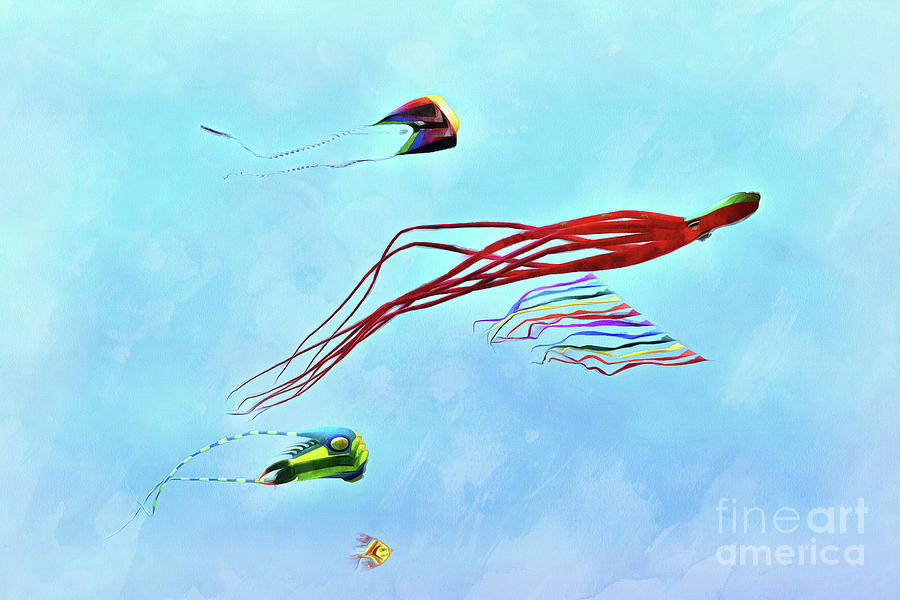 Kites flying during Kite festival #21 Painting by George Atsametakis