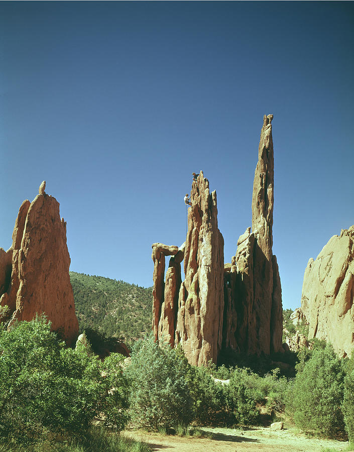 210805-V Spires in Garden of the Gods with Climber Photograph by Ed Cooper Photography