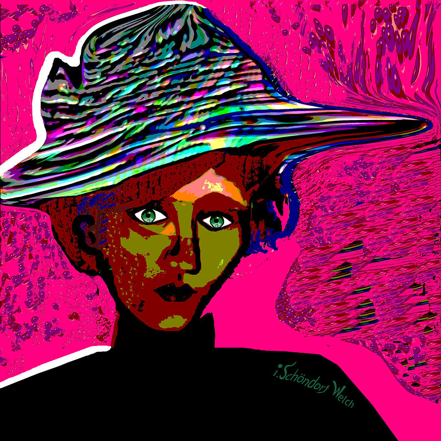 2421   Lady with hat  on a pink wall 2017 Digital Art by Irmgard Schoendorf Welch