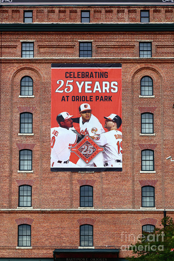 Banner celebrating 25 years of the Baltimore Orioles baseball team at Oriole  Park, Camden Yards, Baltimore, Maryland, USA Stock Photo - Alamy