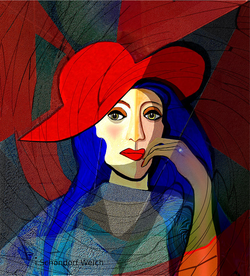 259 - Lady with blue  hair and a red hat 2017 Digital Art by Irmgard Schoendorf Welch