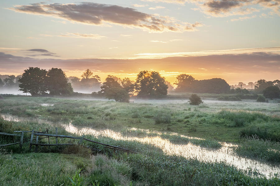 Beautiful vibrant Summer sunrise over English countryside landsc ...