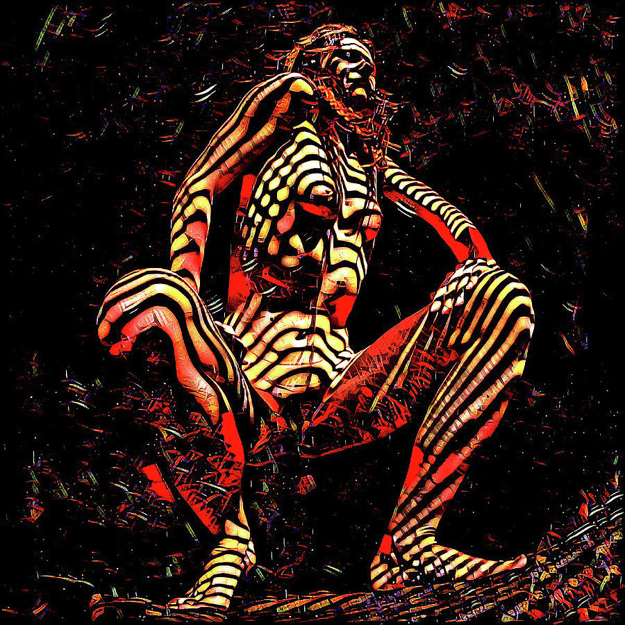 2761s-AK Abstract Painting Rendered of Squatting Nude Zebra Striped Woman by Chris Maher 2761s-AK Abstract Painting Rendered of Squatting Nude Zebra Striped Woman by Chris Maher