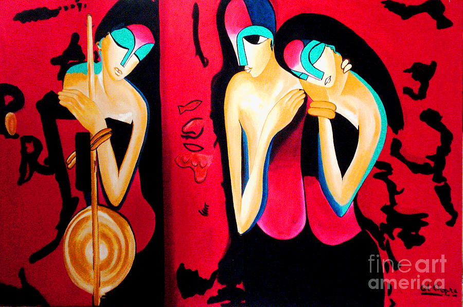Oil Painting - 3 Abstract Ladies-red by Sd Chopra Oil Painting - 3 Abstract Ladies-red by Sd Chopra
