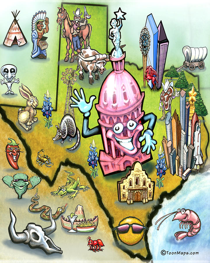 Austin Texas Cartoon Map Digital Art by Kevin Middleton