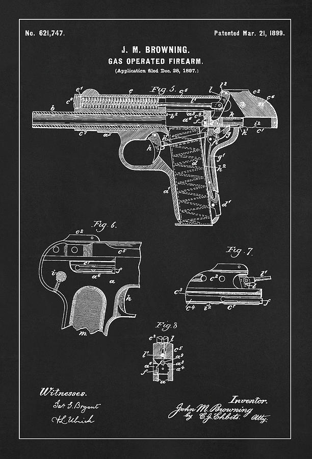 Vintage Digital Art - Automatic pistol operated by gas - Patent Drawing for the 1899 Gas Operated Firearm by J. Browning #3 by SP JE Art