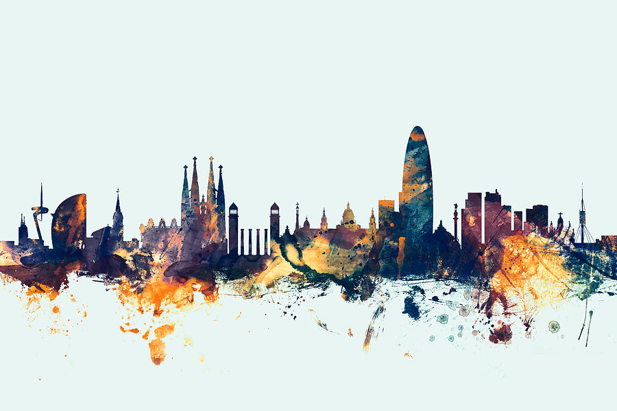 Barcelona Digital Art - Barcelona Spain Skyline #3 by Michael Tompsett
