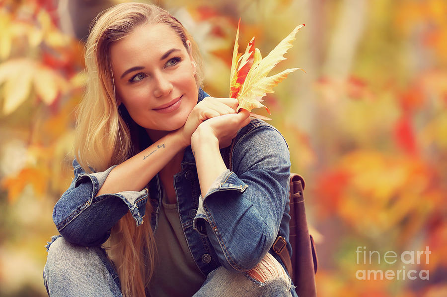 Beautiful woman in autumn park #3 Photograph by Anna Om