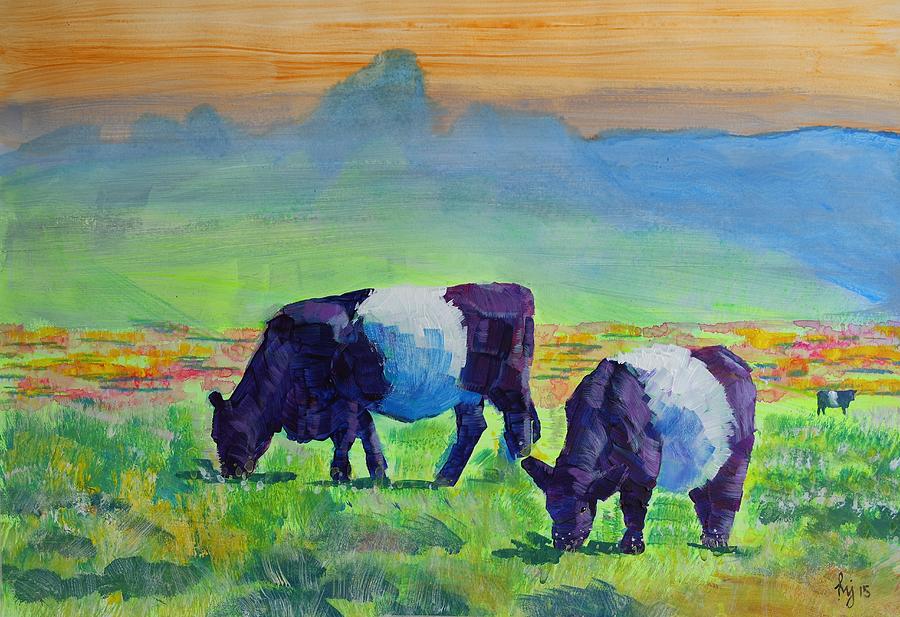 Belted Galloway Cows Under Orange Sky Painting by Mike Jory