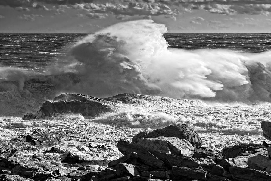 Black and White Large Waves Near Pemaquid Point On The Coast Of  #3 Photograph by Keith Webber Jr