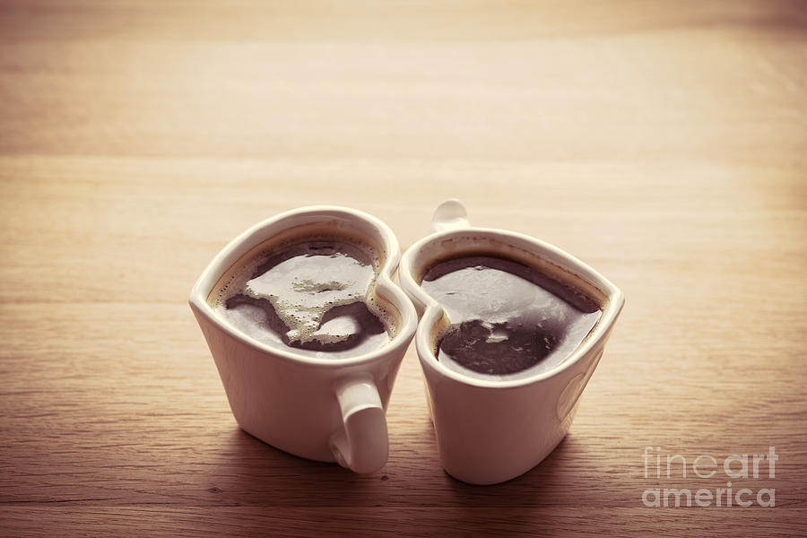 Black coffee, espresso in two heart shaped cups.. Love, Valentines Day, vintage #3 Photograph by Michal Bednarek