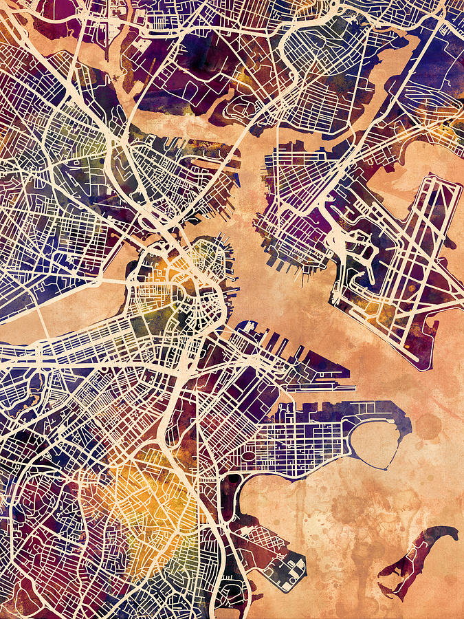 Boston Digital Art - Boston Massachusetts Street Map #3 by Michael Tompsett