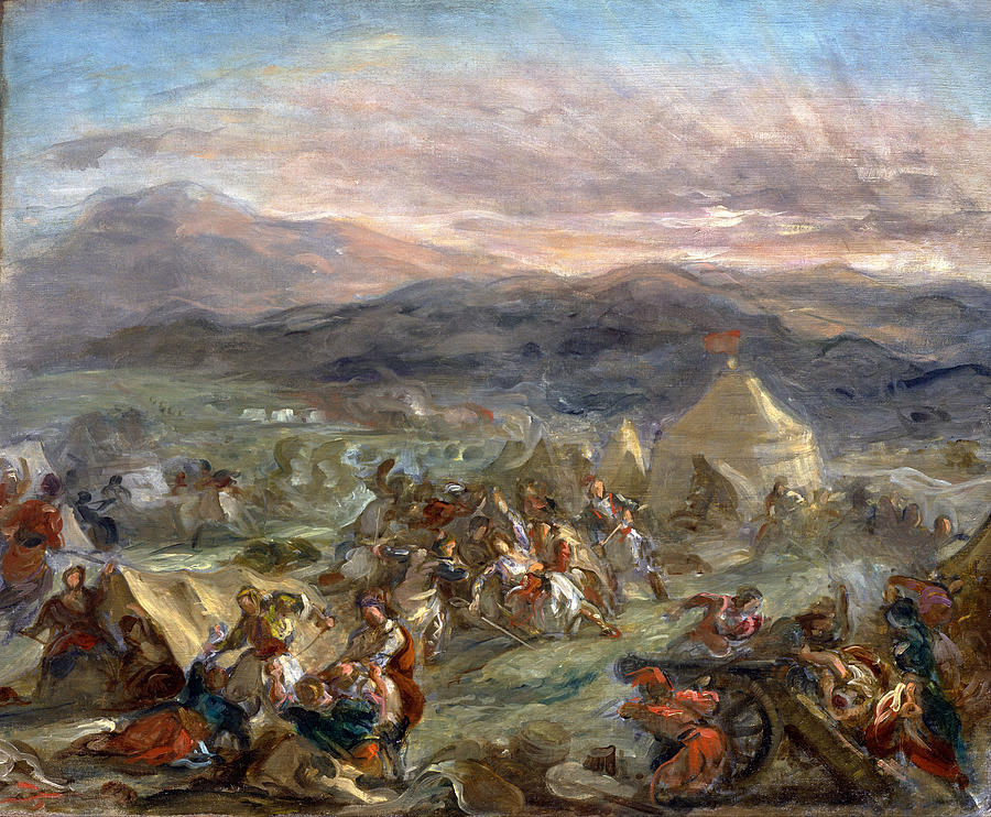 Markos Botsaris Surprises the Turkish Camp and Falls Fatally Wounded Painting by Eugene Delacroix
