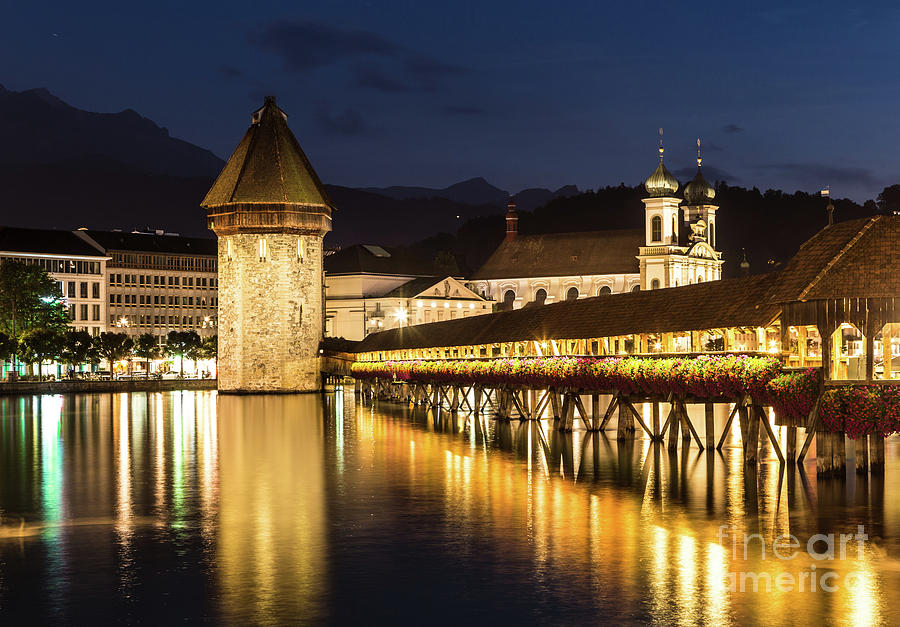 Chapel bridge in Lucerne at night, Switzerland.  #3 Photograph by Didier Marti