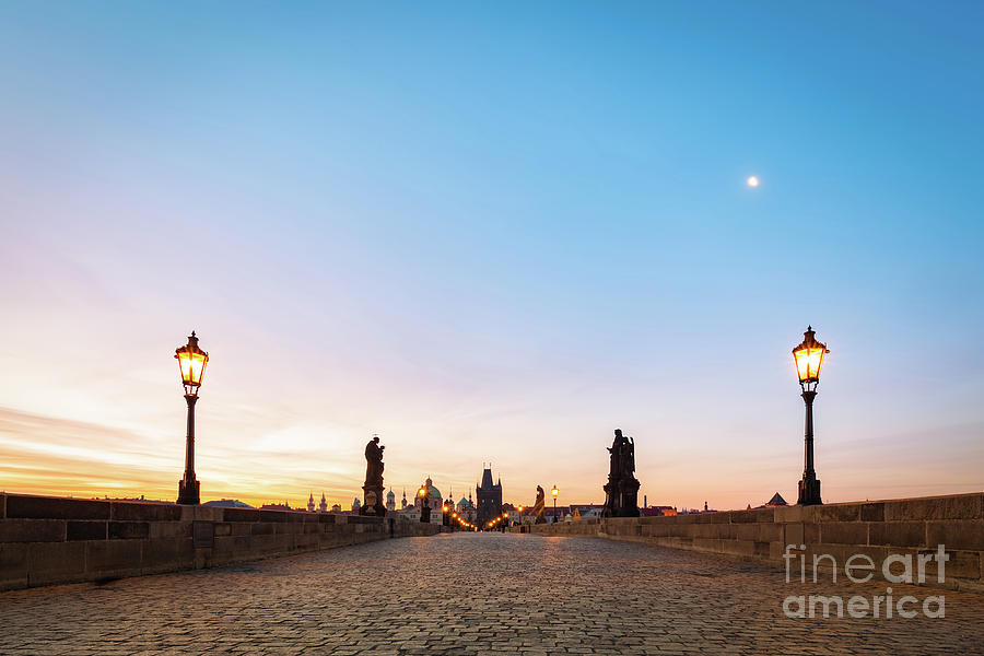 Charles Bridge at sunrise, Prague, Czech Republic. Dramatic statues and medieval towers. #3 Photograph by Michal Bednarek