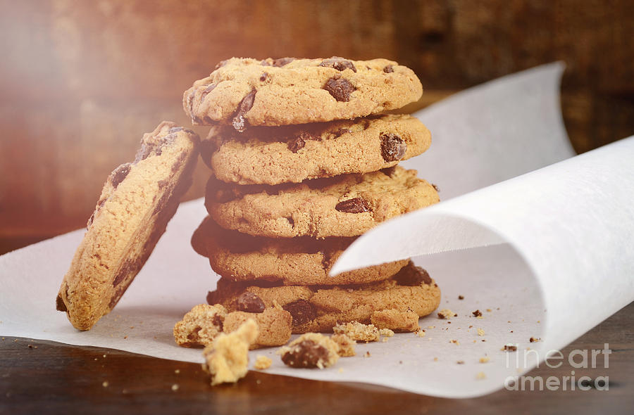 Chocolate Chip Cookies on Dark Wood Background.  #6 Photograph by Milleflore Images
