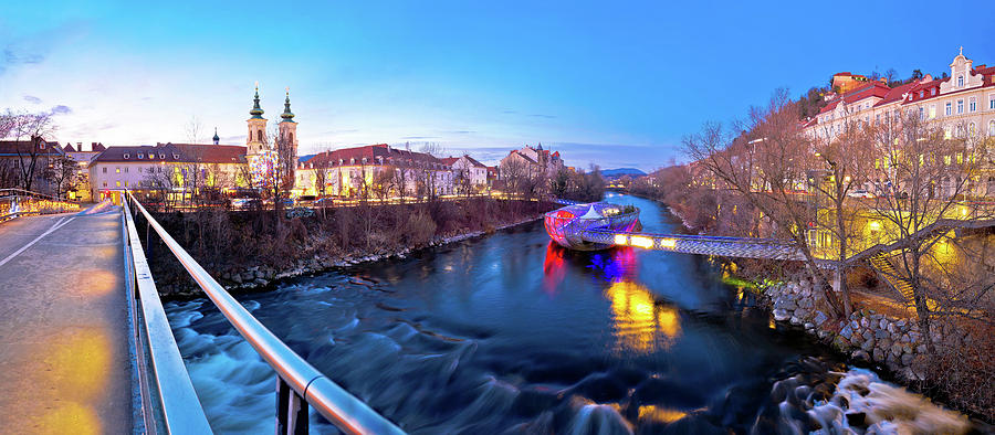 City of Graz Mur river and island evening view #3 Photograph by Brch Photography
