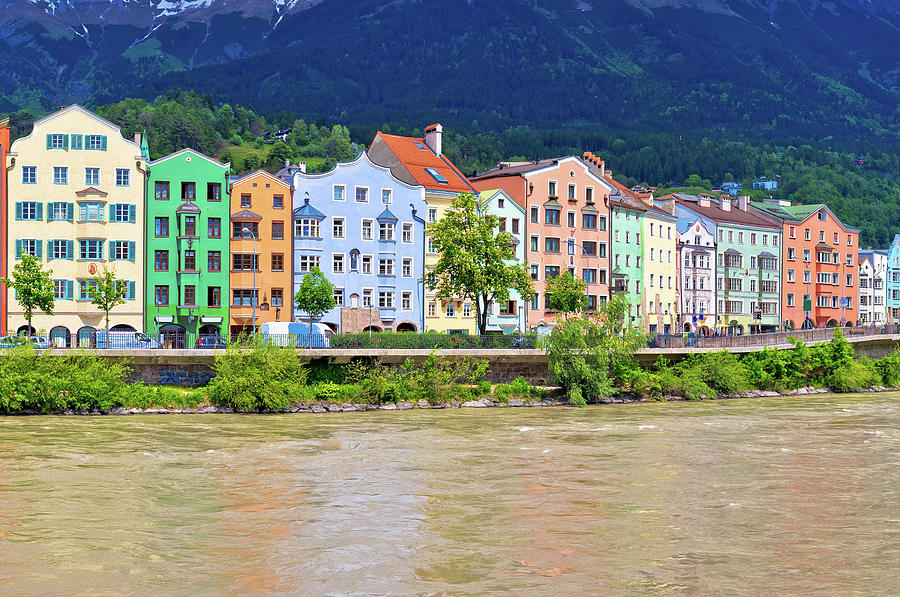City of Innsbruck colorful Inn river waterfront panorama #3 Photograph by Brch Photography