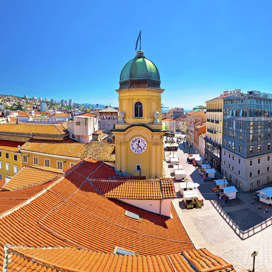 City of Rijeka clock tower and central square panorama #3 Photograph by Brch Photography