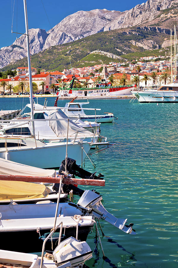 Colorful Makarska boats and waterfront under Biokovo mountain vi #3 Photograph by Brch Photography