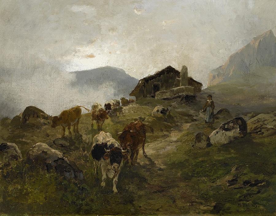 Cows On The Pasture #3 Painting by Hermann Baisch