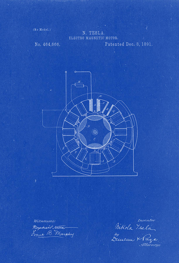 Electro Magnetic Motor - Nikola Tesla Patent Drawing from 1891 ...