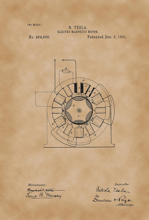 Electro Magnetic Motor - Nikola Tesla Patent Drawing from 1891 ...