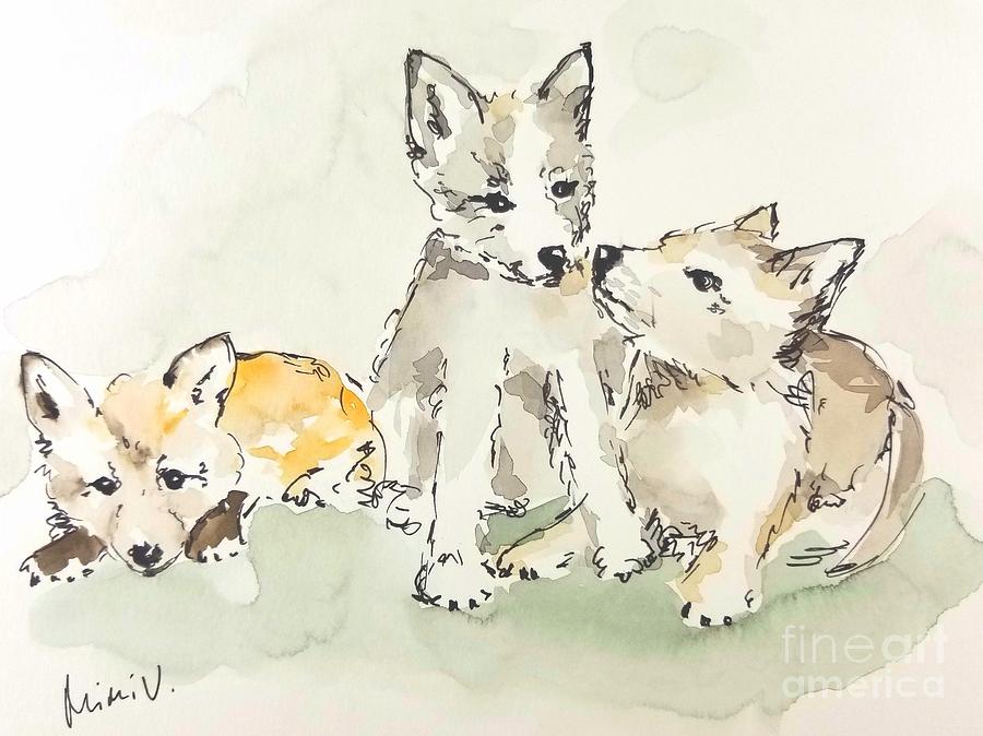 3 Fox Pups Painting by Maria Langgle