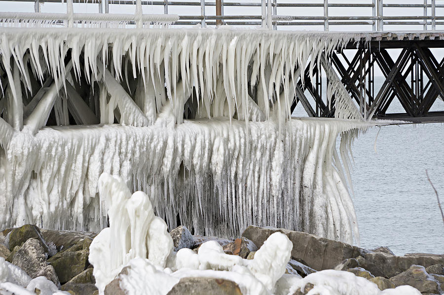 Frozen Pier On Lake Erie In Cleveland Ohio #3 Photograph by Alex Grichenko