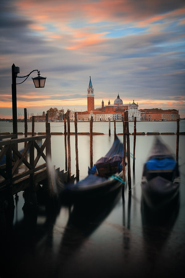Gondola and San Giorgio Maggiore island sunrise #3 Photograph by Songquan Deng