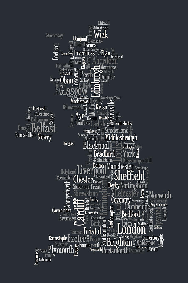 Typography Digital Art - Great Britain UK City Text Map #3 by Michael Tompsett