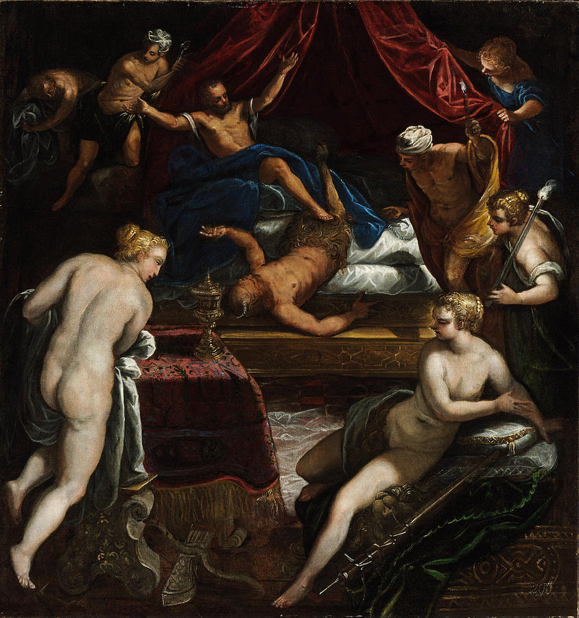 Hercules Expelling the Faun from Omphales Bed #4 Painting by Tintoretto