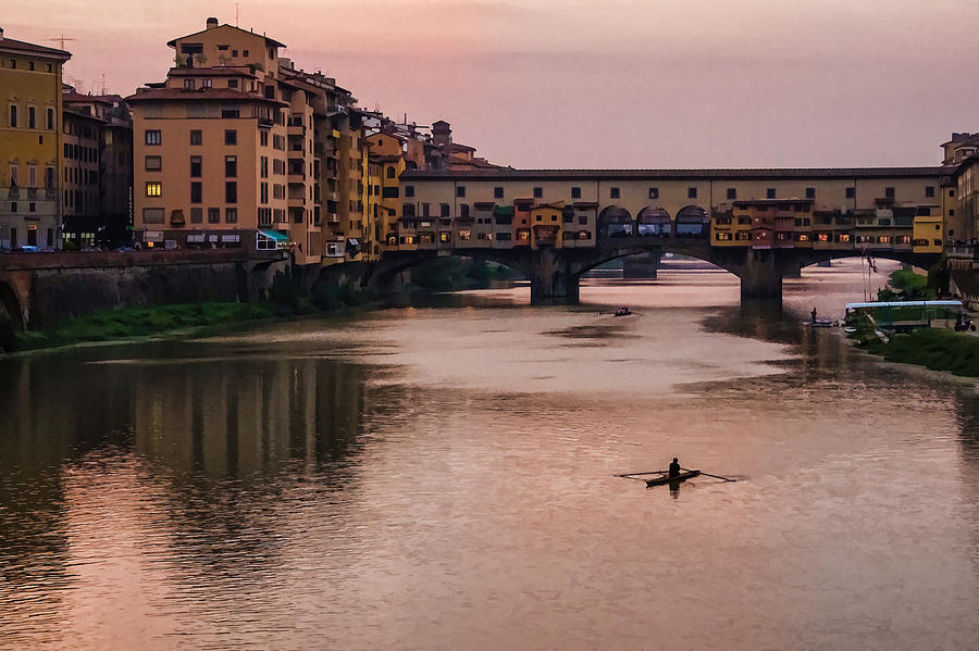Impressions Of Florence - Ponte Vecchio Rowing In Rose Quartz Pink Digital Art by Georgia Mizuleva