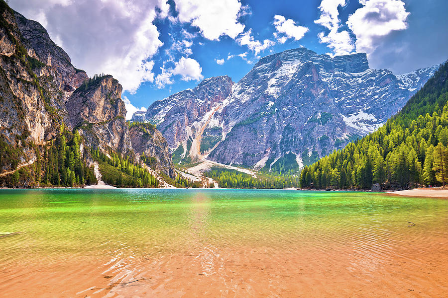 Lago di Braies turquoise water and Dolomites Alps view #3 Photograph by Brch Photography