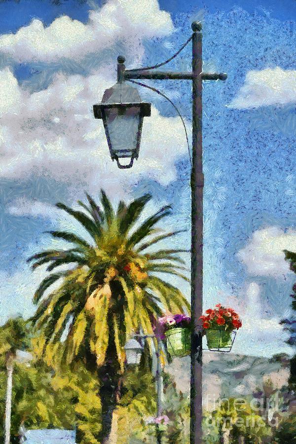 Lampost with flowers in Nafplio town #3 Painting by George Atsametakis