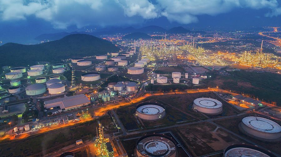 Land scape of Oil refinery plant from bird eye view on night #3 Photograph by Anek Suwannaphoom