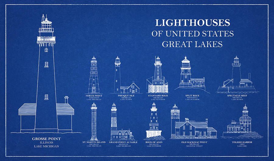 Lighthouse Drawing - Lighthouses of United States - Great Lakes - blueprint drawing #6 by SP JE Art