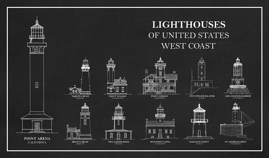Lighthouse Digital Art - Lighthouses of United States - West Coast - blueprint drawing #4 by SP JE Art